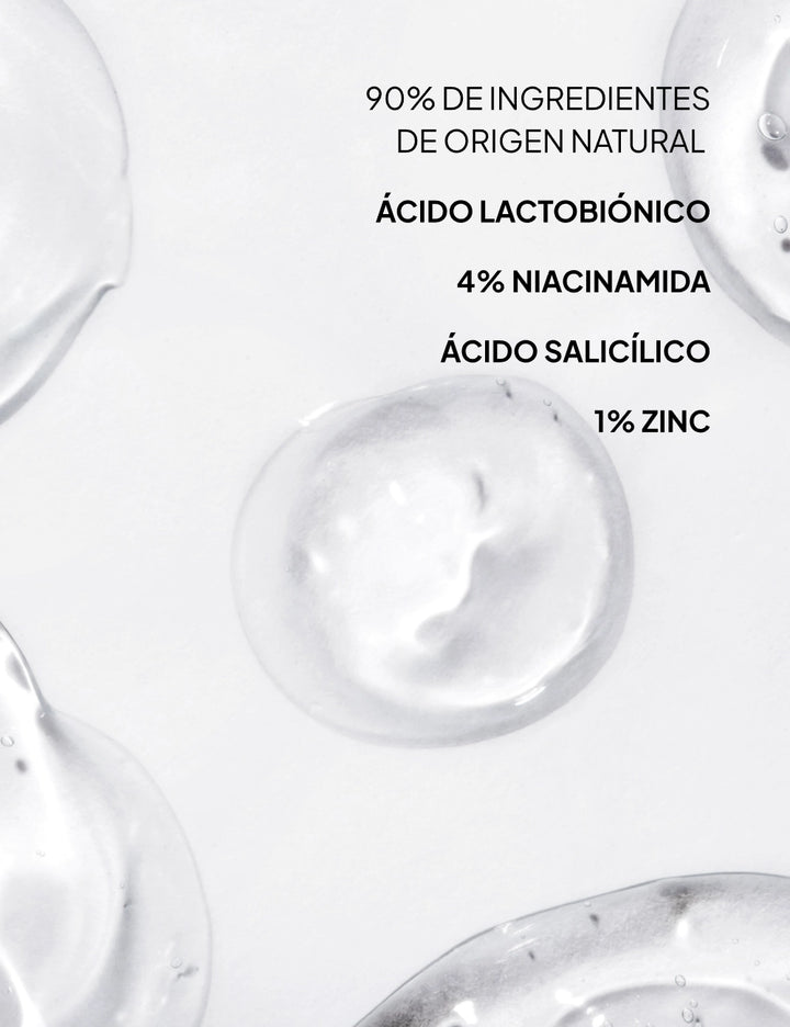 Sebiaclear Micro-Peel 150ml contiene 90% de ingredientes de origen natural como el ácido lactobiónico, 4% de niacinamida, ácido salicílico y 1% de zinc