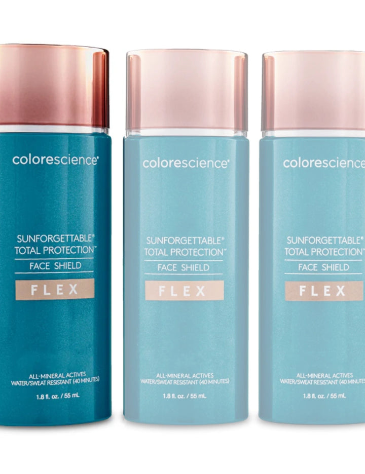 Frascos de Colorescience Sunforgettable Total Protection Flex Fair SPF50 alineados