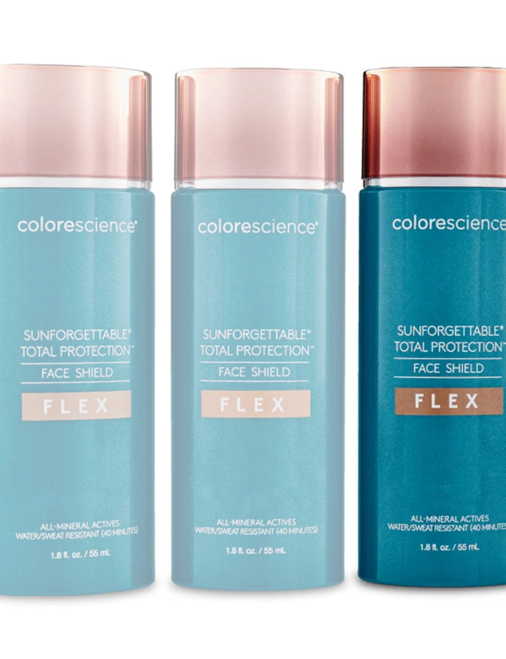 Frascos de Colorescience Sunforgettable Total Protection Flex Tan SPF50 alineados