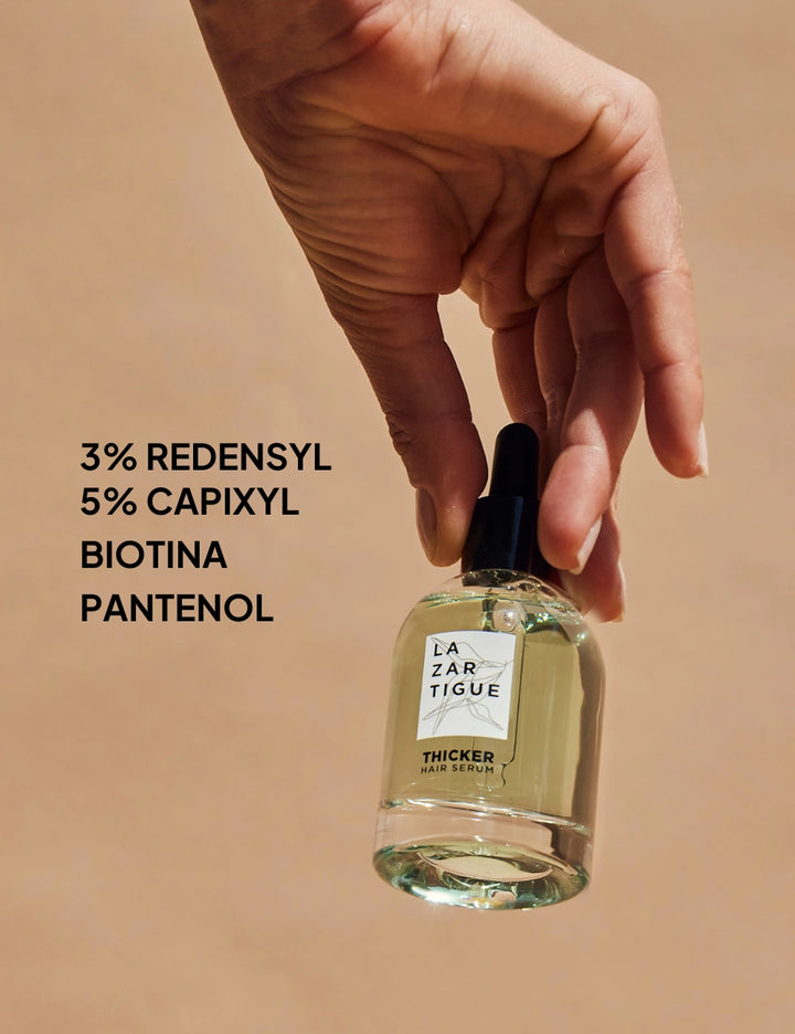 Thicker Hair Sérum 50ml contiene 3% de redensyl, 5% de capixyl, biotina y pantenol