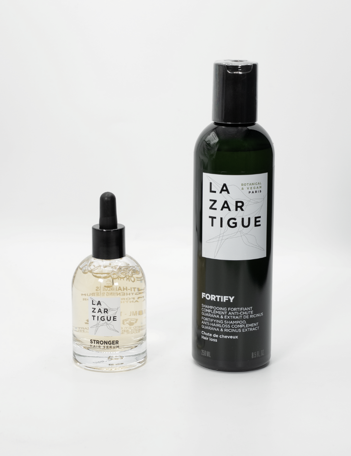 El Tratamiento Anticaida Puntual de Lazartigue incluye el Champú Fortify y el Stronger Hair Sérum